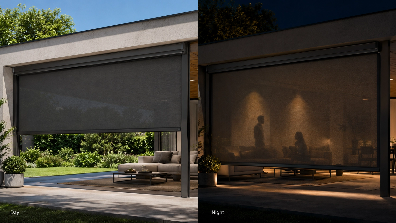 Outdoor roller blind showing daytime view-through and visible silhouettes at night